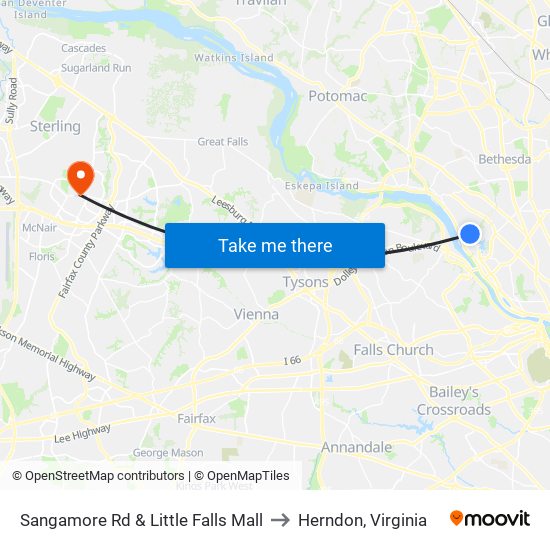 Sangamore Rd & Little Falls Mall to Herndon, Virginia map