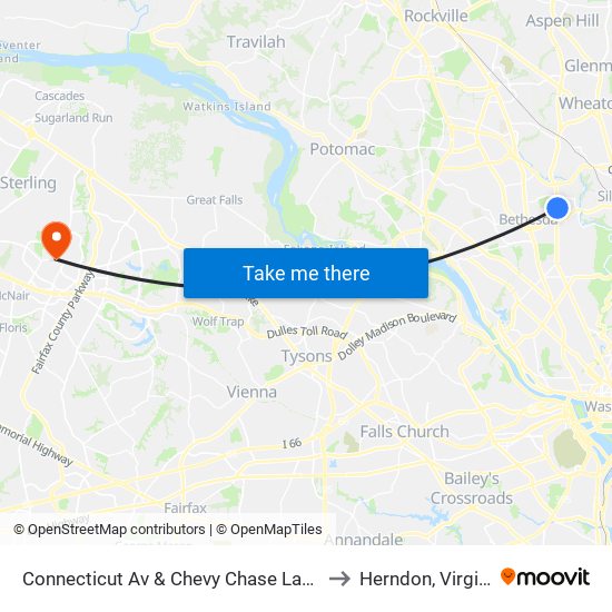 Connecticut Av & Chevy Chase Lake Dr to Herndon, Virginia map