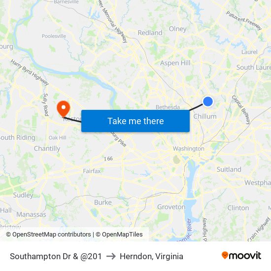 Southampton Dr & @201 to Herndon, Virginia map
