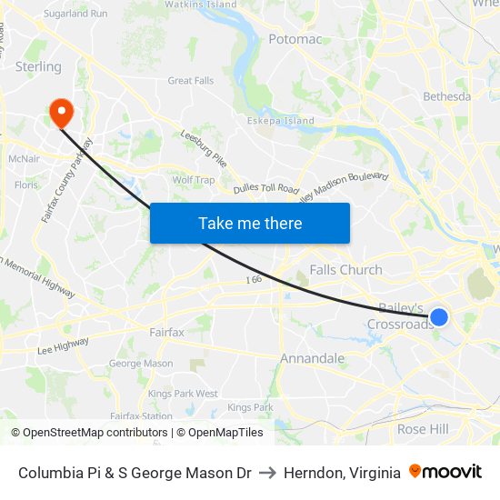 Columbia Pi & S George Mason Dr to Herndon, Virginia map