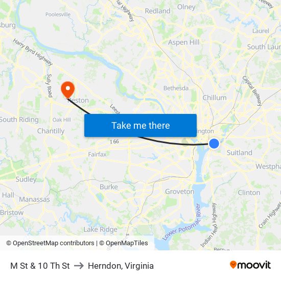 M St & 10 Th St to Herndon, Virginia map