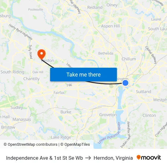 Independence Ave & 1st St Se Wb to Herndon, Virginia map