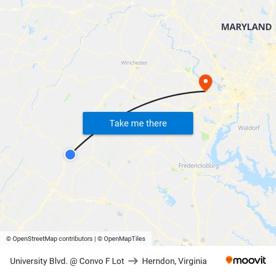 University Blvd. @ Convo F Lot to Herndon, Virginia map