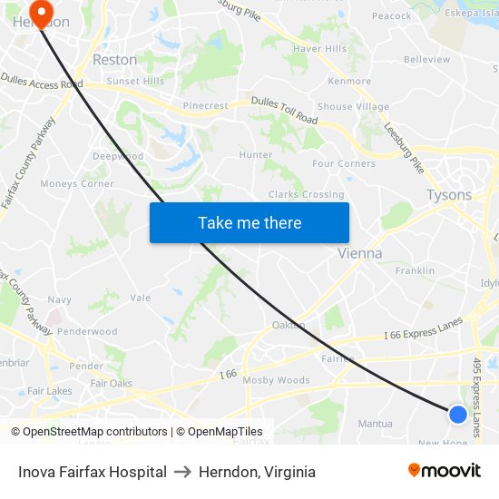 Inova Fairfax Hospital to Herndon, Virginia map