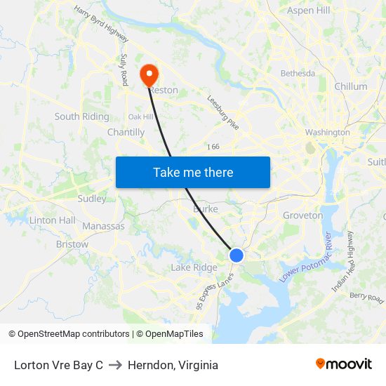 Lorton Vre Bay C to Herndon, Virginia map