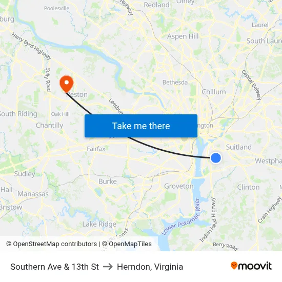 Southern Ave & 13th St to Herndon, Virginia map
