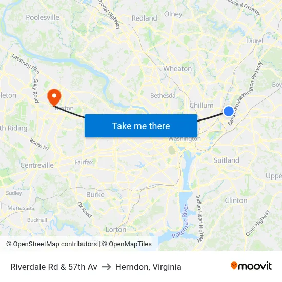 Riverdale Rd & 57th Av to Herndon, Virginia map