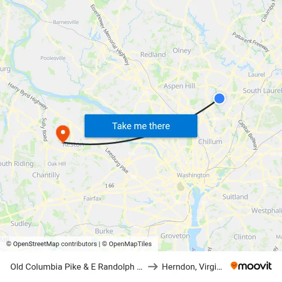 Old Columbia Pike & E Randolph Rd to Herndon, Virginia map