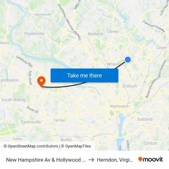New Hampshire Av & Hollywood Av to Herndon, Virginia map