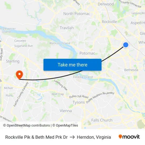 Rockville Pik & Beth Med Prk Dr to Herndon, Virginia map