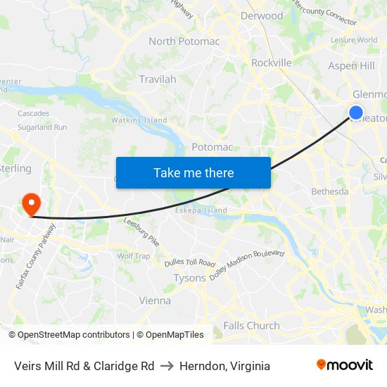 Veirs Mill Rd & Claridge Rd to Herndon, Virginia map