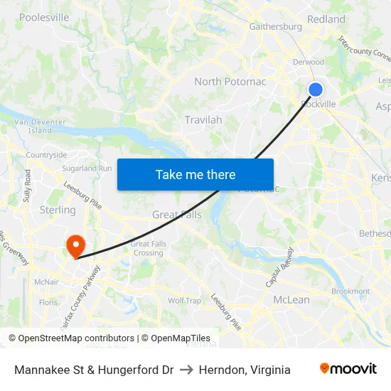 Mannakee St & Hungerford  Dr to Herndon, Virginia map