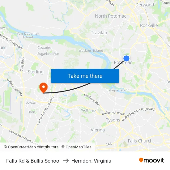 Falls Rd & Bullis School to Herndon, Virginia map