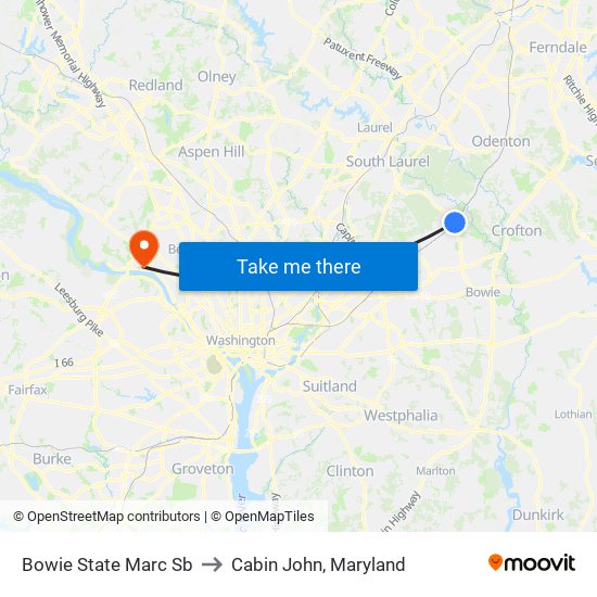Bowie State Marc Sb to Cabin John, Maryland map
