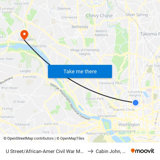 U Street/African-Amer Civil  War Memorial/ Cardozo to Cabin John, Maryland map