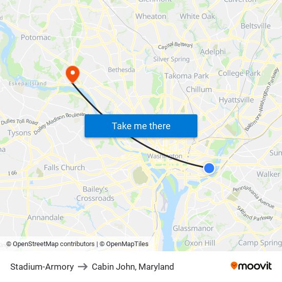 Stadium-Armory to Cabin John, Maryland map