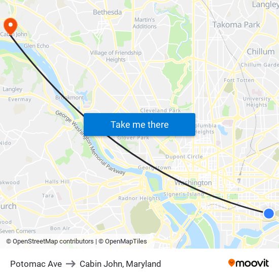 Potomac Ave to Cabin John, Maryland map