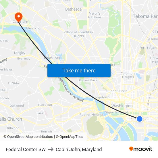 Federal Center SW to Cabin John, Maryland map