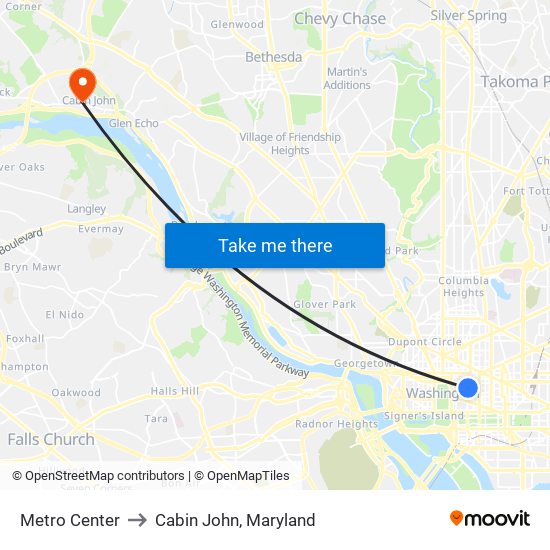 Metro Center to Cabin John, Maryland map