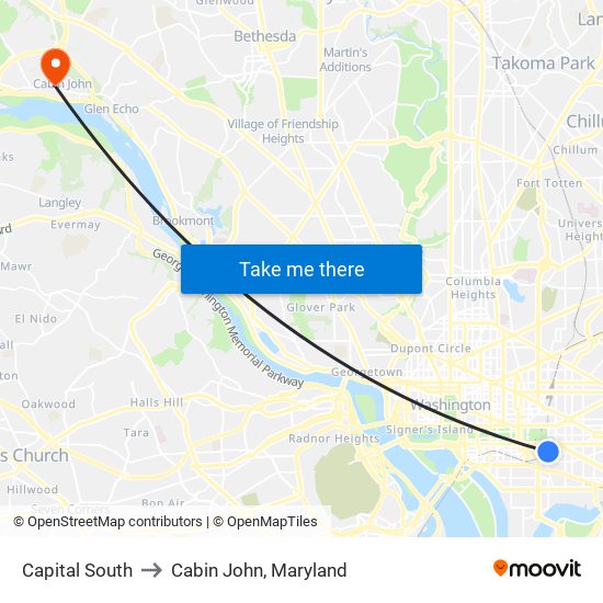 Capital South to Cabin John, Maryland map