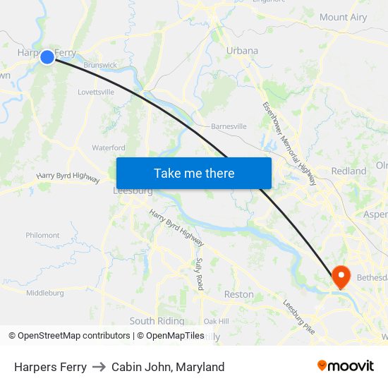 Harpers Ferry to Cabin John, Maryland map