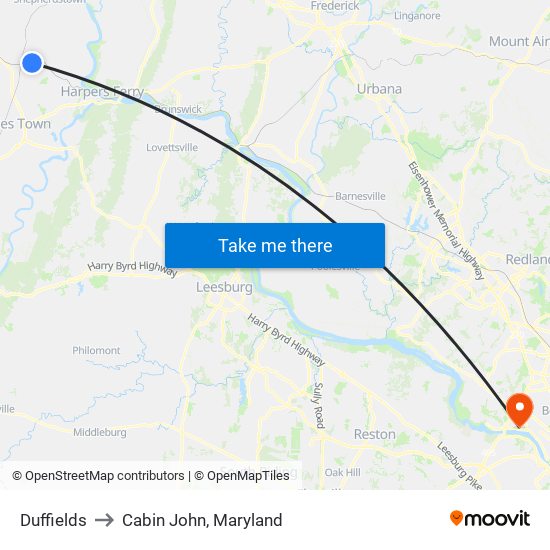 Duffields to Cabin John, Maryland map