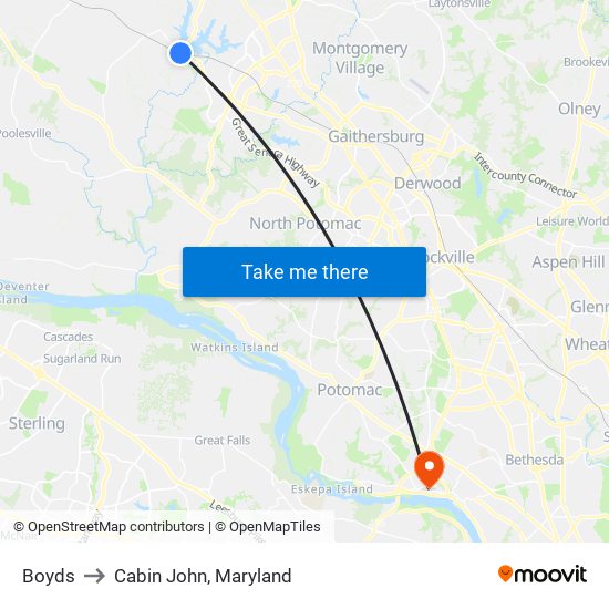 Boyds to Cabin John, Maryland map