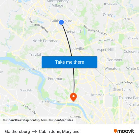 Gaithersburg to Cabin John, Maryland map