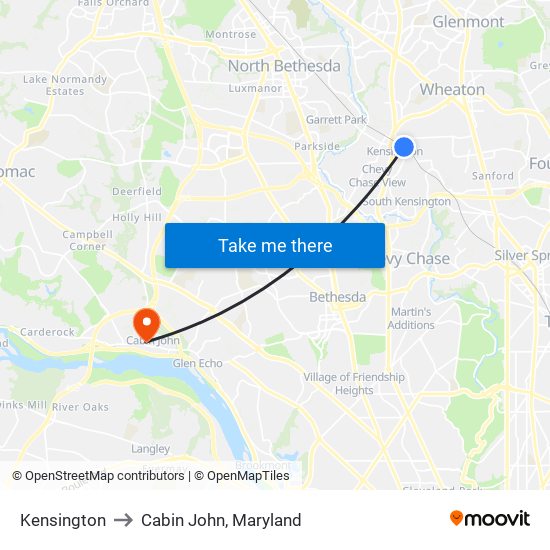 Kensington to Cabin John, Maryland map