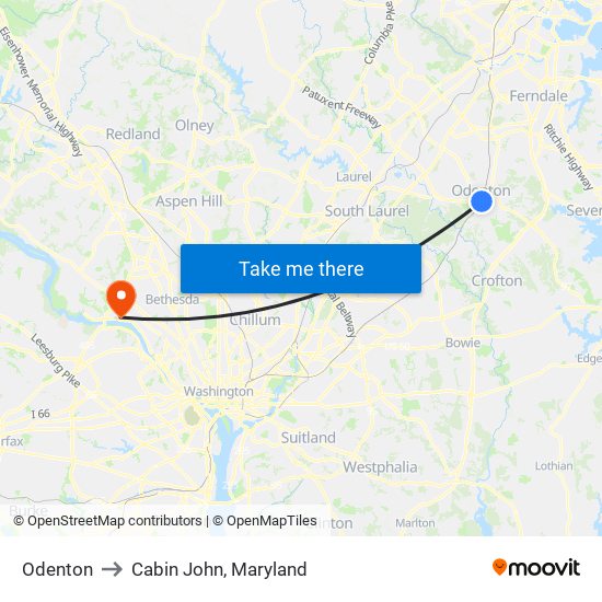 Odenton to Cabin John, Maryland map