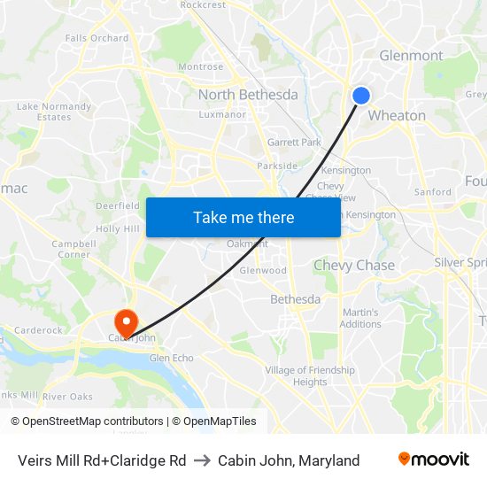 Veirs Mill Rd+Claridge Rd to Cabin John, Maryland map