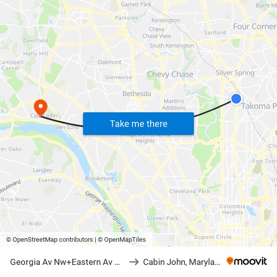 Georgia Av Nw+Eastern Av NW to Cabin John, Maryland map