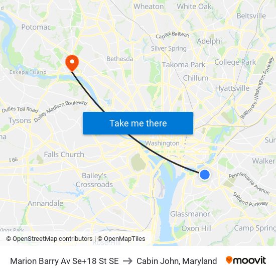 Marion Barry Av Se+18 St SE to Cabin John, Maryland map