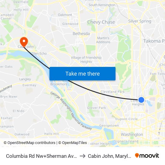 Columbia Rd Nw+Sherman Av NW to Cabin John, Maryland map