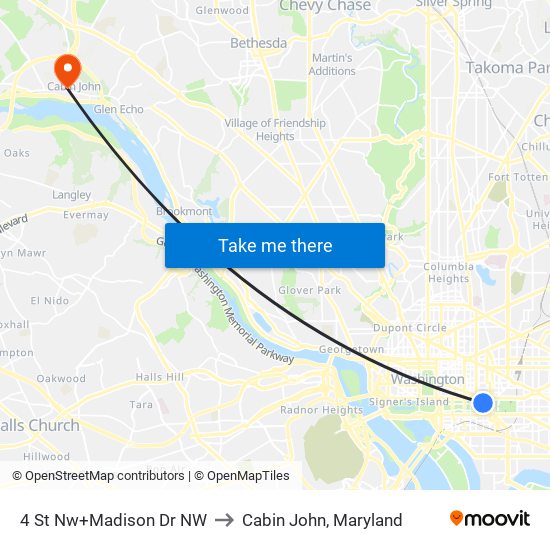 4 St Nw+Madison Dr NW to Cabin John, Maryland map