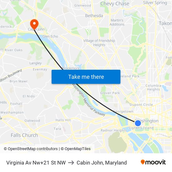 Virginia Av Nw+21 St NW to Cabin John, Maryland map