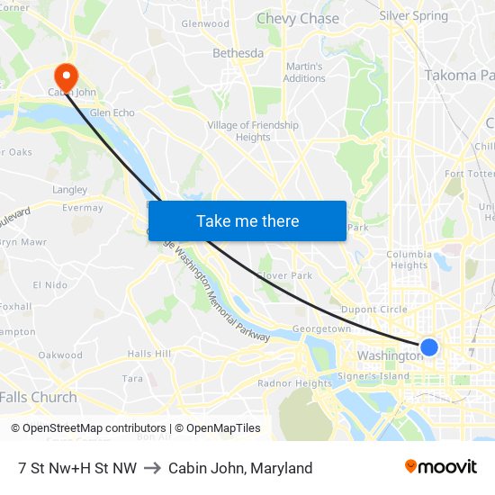 7 St Nw+H St NW to Cabin John, Maryland map