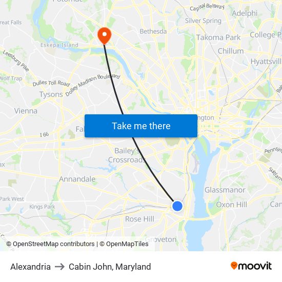 Alexandria to Cabin John, Maryland map