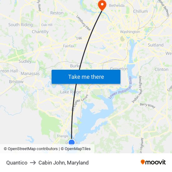 Quantico to Cabin John, Maryland map