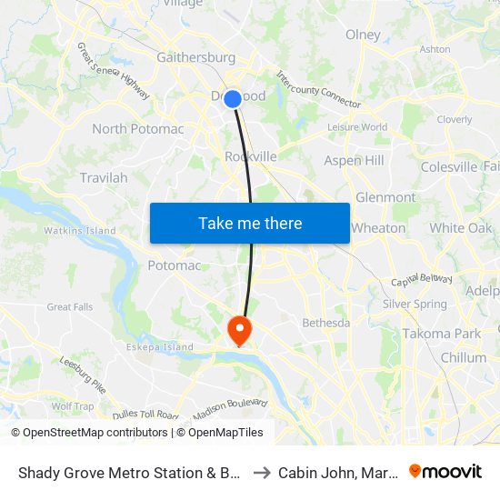 Shady Grove Metro Station & Bus Bay C to Cabin John, Maryland map