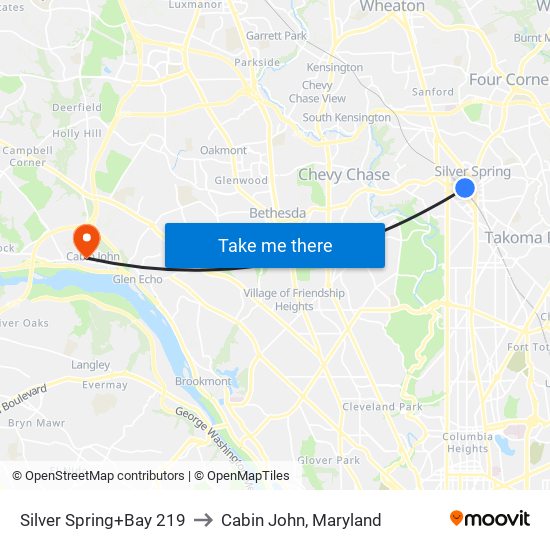 Silver Spring+Bay 219 to Cabin John, Maryland map
