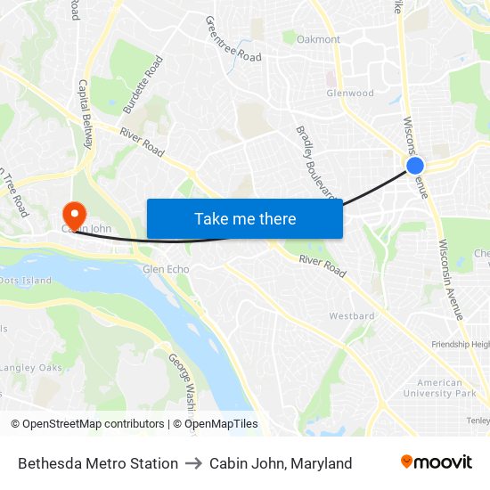 Bethesda Metro Station to Cabin John, Maryland map