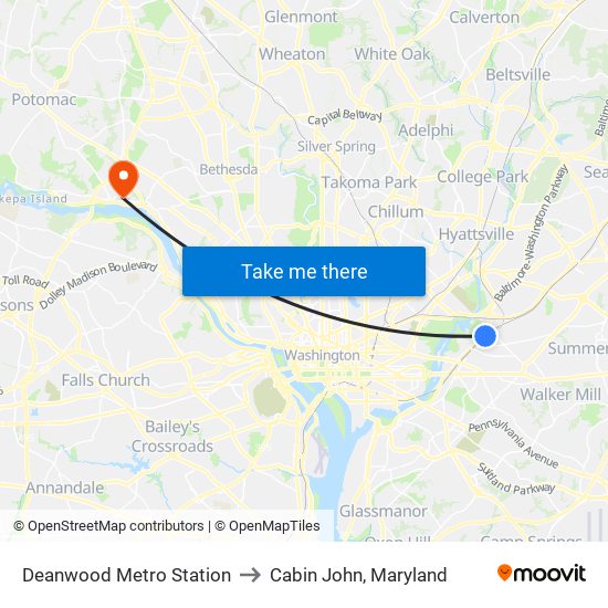 Deanwood Metro Station to Cabin John, Maryland map