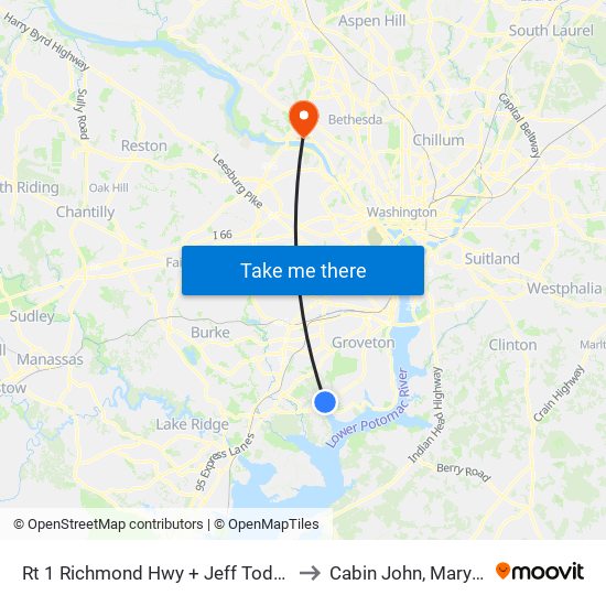 Rt 1 Richmond Hwy + Jeff Todd Way to Cabin John, Maryland map