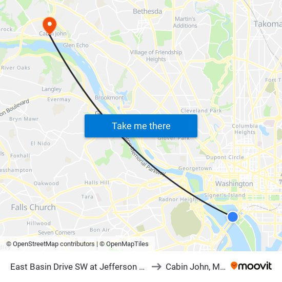 East Basin Drive SW at Jefferson Memorial (Wb) to Cabin John, Maryland map