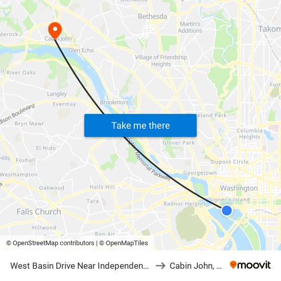 West Basin Drive Near Independence Avenue SW (Nb) to Cabin John, Maryland map