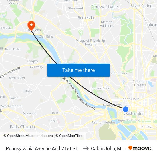 Pennsylvania Avenue And 21st Street NW (Eb) to Cabin John, Maryland map