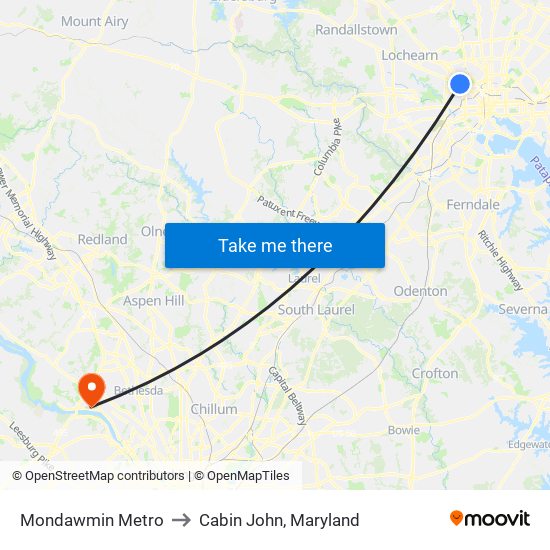 Mondawmin Metro to Cabin John, Maryland map