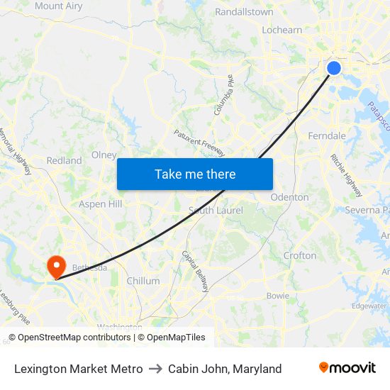 Lexington Market Metro to Cabin John, Maryland map