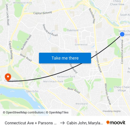 Connecticut Ave + Parsons Rd to Cabin John, Maryland map